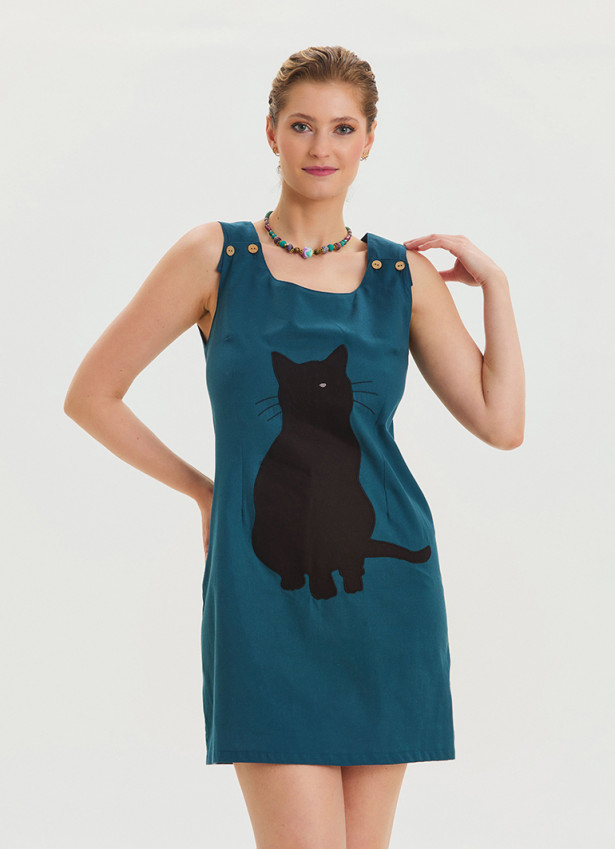 U Neck Cat Figure Button Detailed Petrol Casual Dress 4529